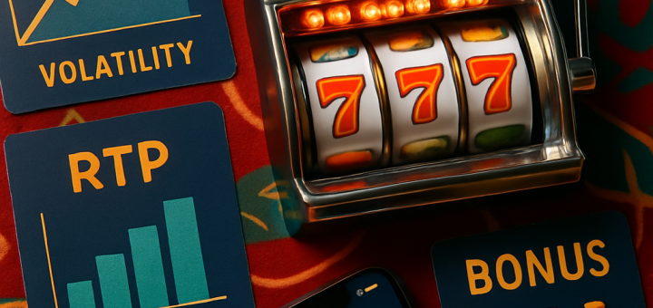A colorful arrangement of slot machine components and mobile casino information, emphasizing key features