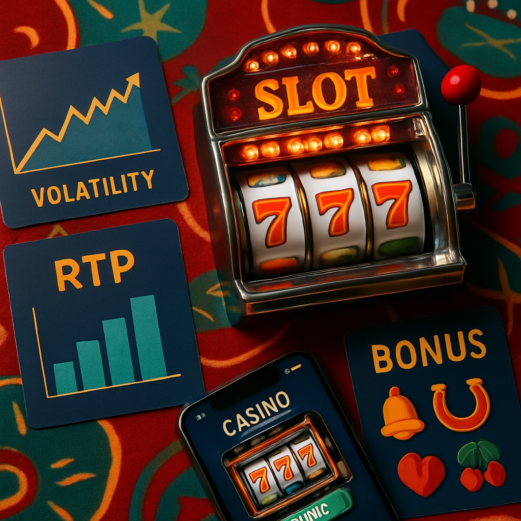 A colorful arrangement of slot machine components and mobile casino information, emphasizing key features